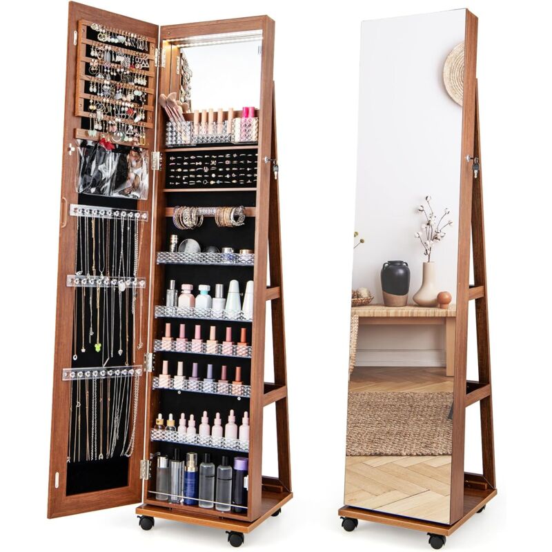 Costway - 3 en 1 Armoire à Bijoux sur Roulettes, Organisateur de Bijoux sur Pieds avec Miroir Psyché sans Cadre, Lumières led et Miroir de Maquillage