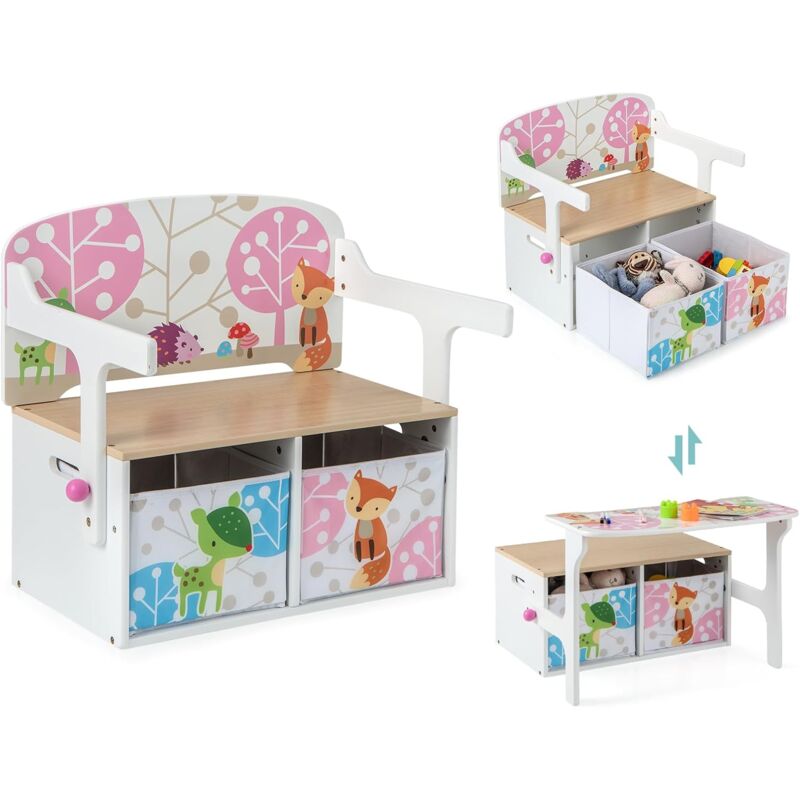 Costway - 3 en 1 Banc de Rangement Convertible avec 2 Bacs en Tissu Amovibles, Table Enfants avec Chaise et Motif d'Animaux, Coffre à Jouet pour Lire