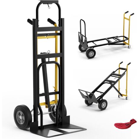 COSTWAY 3 en 1 Carretilla de Mano Plegable, Carretilla de Transporte Convertible con 4 Ruedas de Goma, Cuerda de sujeción, Carretilla de Carga Industrial con Plataforma Plegable, Carga Máx de 450 kg