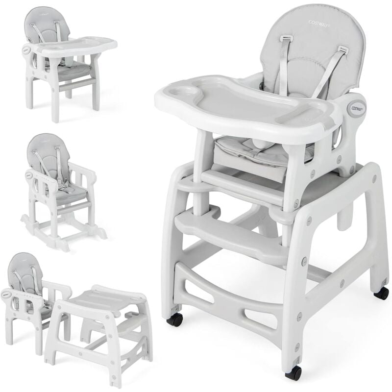 Costway - 3 en 1 Chaise Haute Bébé Convertible avec Plateau Réglable, Chaise d'Alimentation Bébé avec Dossier à 3 Niveaux, Coussin de Siège, Harnais