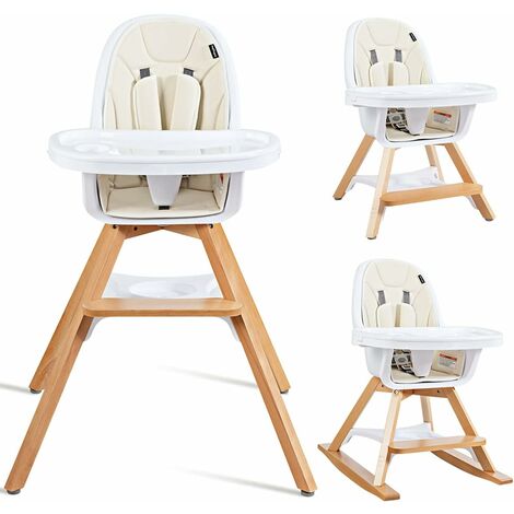 COSTWAY 3-en-1 Chaise Haute pour Bébé/Convertible Pieds Remplaçables et Barre pour Bascule avec Plateau Repas et Coussin Amovibles, Beige