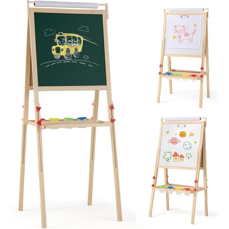 COSTWAY 3 en 1 Chevalet d'Art Enfant avec Tableau Noir & Blanc Magnétique, Tableau Enfant Double Face avec Hauteur Réglable & Rouleau de Papier, 4