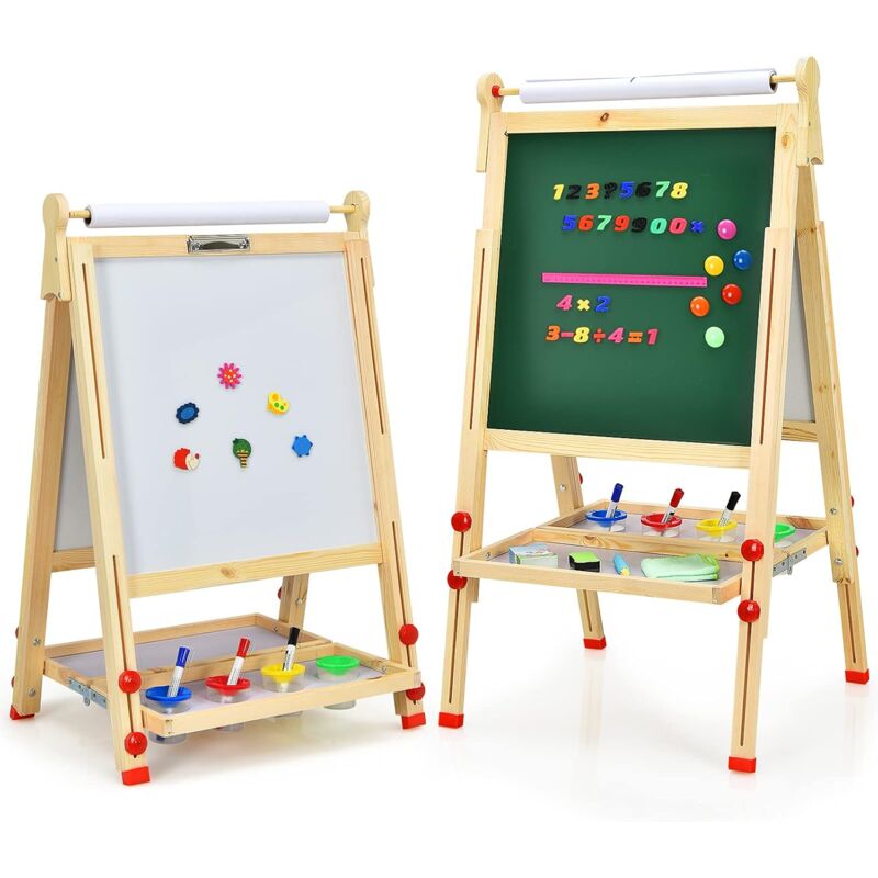 3 en 1 Chevalet Pliable avec Tableau Blanc/Noir, Rouleau de Papier en Bois , Plateau et Accessoires Complets pour Enfants - Costway