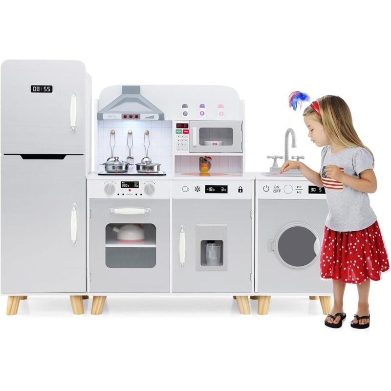 3 en 1 Cuisine Enfant avec Réfrigérateur & Machine à Laver, Cuisiniere Enfant avec Lumière & Effet Sonore, Micro-Ondes & Machine à Glaçons, Jeu de