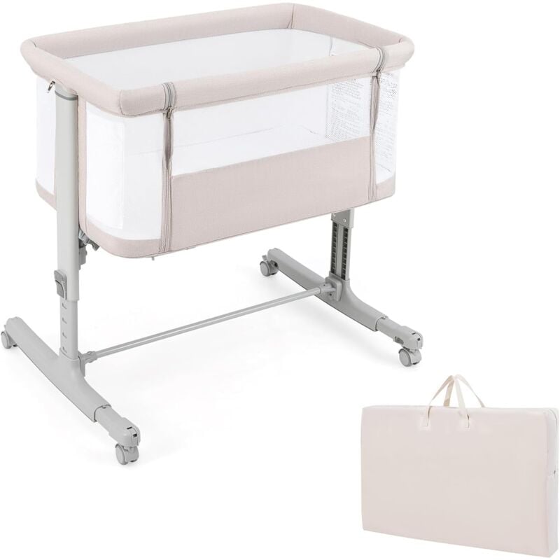 COSTWAY 3 en 1 Lit Cododo Bébé avec Matelas & 5 Hauteur Réglable, Lit Bébé Evolutif avec Inclinaison 3-8°, Roues avec Frein, Sac de Transport, Charge
