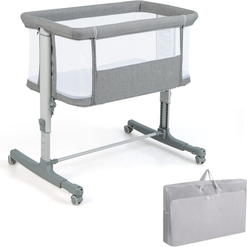 COSTWAY 3 en 1 Lit Cododo Bébé avec Matelas & 5 Hauteur Réglable, Lit Bébé Evolutif avec Inclinaison 3-8°, Roues avec Frein, Sac de Transport, Charge