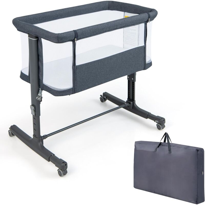 Costway - 3 en 1 Lit Cododo Bébé avec Matelas & 5 Hauteur Réglable, Lit Bébé Evolutif avec Inclinaison 3-8°, Roues avec Frein, Sac de Transport,