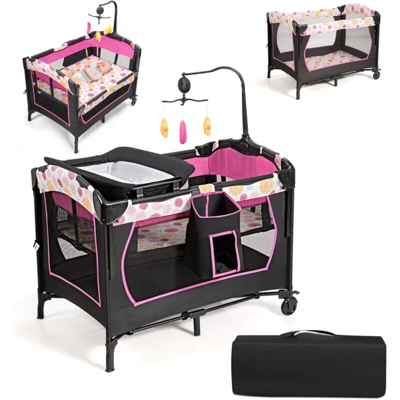 Costway - 3 en 1 Lit Parapluie pour Bébé avec Arceau de Jeu en Tissu Oxford avec Centre Musical et Table à Langer pour Bébé 0-36 Mois Hauteur Réglable