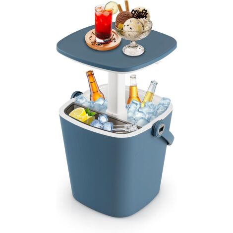 COSTWAY 3 en 1 Mesa Nevera Portatil 15L con Asa, Cool Bar con Abridor de Botellas y Tapa Superior Elevable, 15 Latas, Mesa Cóctel Jardin Terraza Azul