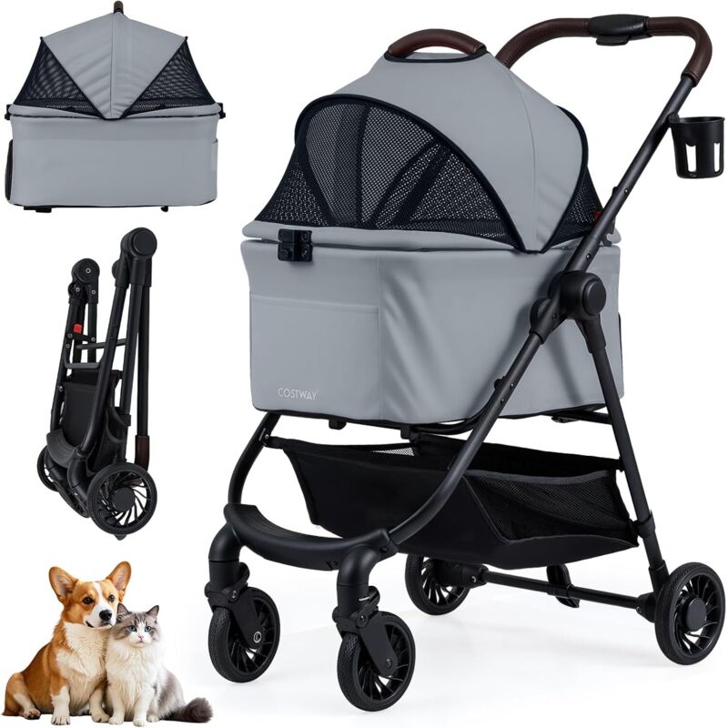 COSTWAY 3 en 1 Poussette pour Chien Chat Pliable, Auvent Réglable, Panier de Rangement, Poches, Porte-Gobelet, Chariot pour Chien Chat à 4 Roues,