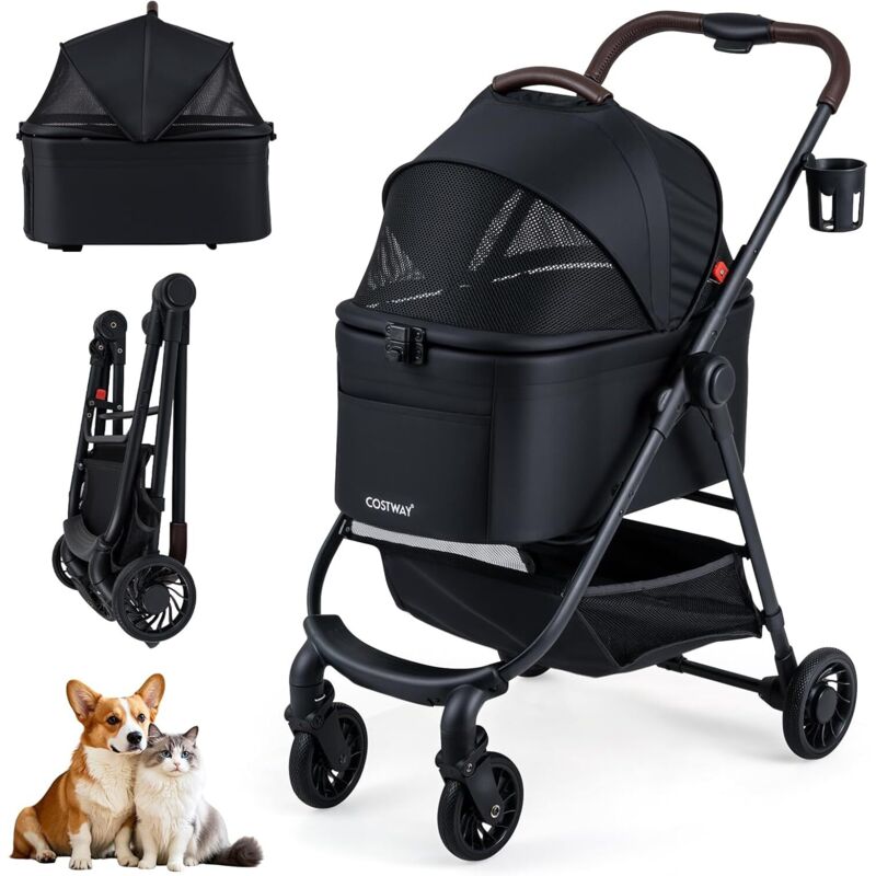 COSTWAY 3 en 1 Poussette pour Chien Chat Pliable, Auvent Réglable, Panier de Rangement, Poches, Porte-Gobelet, Chariot pour Chien Chat à 4 Roues,