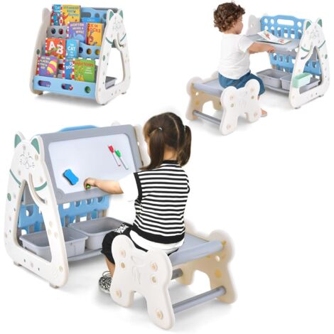 COSTWAY 3 en 1 Table Enfant/Chevalet Enfant Magnétiqueavec Tabouret Réglable en Hauteur, Bibliothèque Enfant avec Tableau Effaçable à Sec, 2 Boîtes de Rangement, Forme de Chat, 56 x 54 x 71 cm, 1-5 An