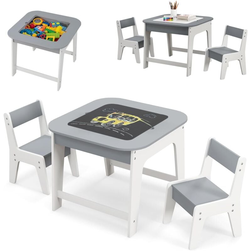 3 en 1 Table Enfant en Bois avec 2 Chaises & Tableau Noir & Blanc, Table d'Activités Enfant avec Espace de Rangement Caché, Charge 30kg pour Jouer