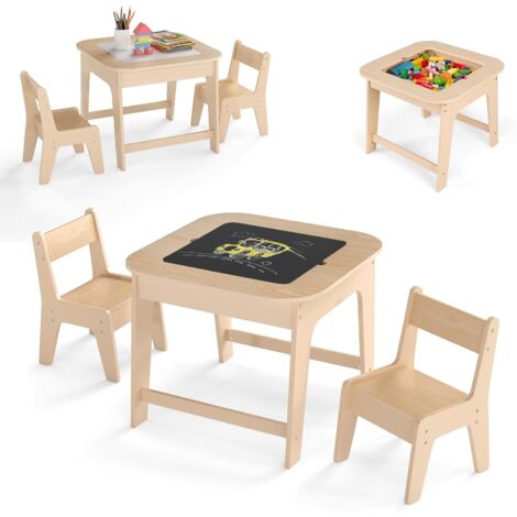 COSTWAY 3 en 1 Table Enfant en Bois avec 2 Chaises & Tableau Noir & Blanc, Table d'Activités Enfant avec Espace de Rangement Caché, Charge 30kg pour Jouer Lire pour Tout-Petits de 3-6 Ans (Naturel)
