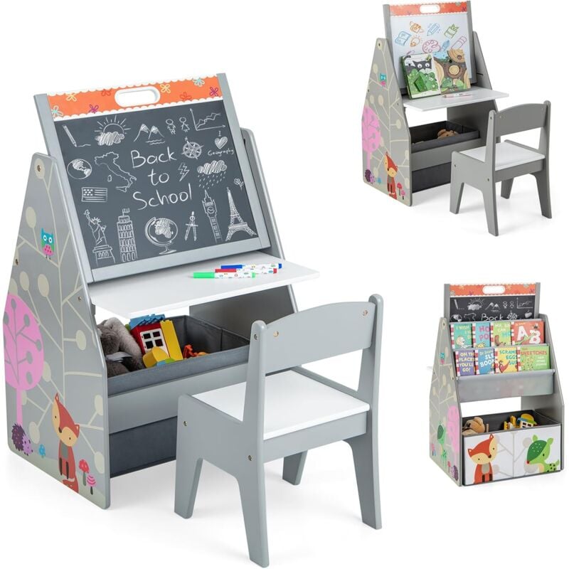 3 en 1 Table Enfants avec Chaise et Tableau Double Face & Réglable, Table à Dessin avec Bac en Tissu & Motif d'animaux, Bibliothèque pour Jouets