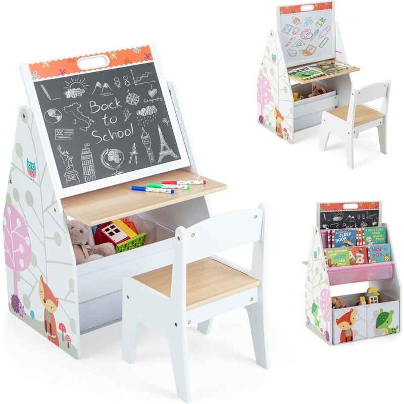 3 en 1 Table Enfants avec Chaise et Tableau Double Face & Réglable, Table à Dessin avec Bac en Tissu & Motif d'animaux, Bibliothèque pour Jouets
