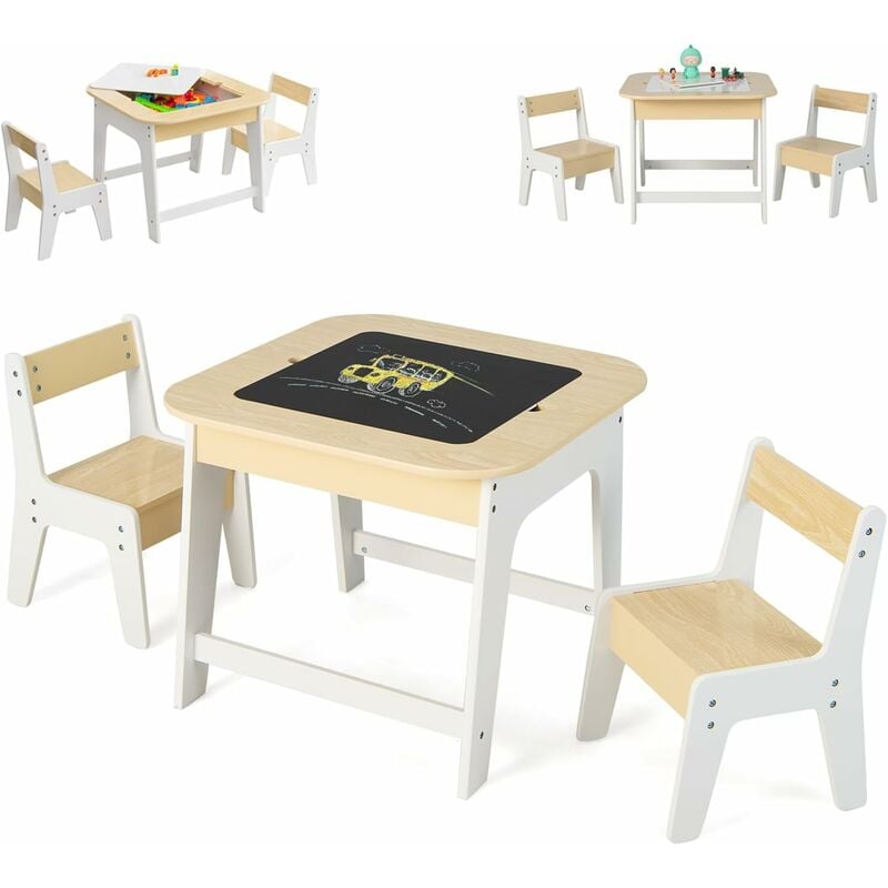 3 en 1 Table et 2 Chaises en Bois Enfants avec Plateau Double Face, Table d'Activités Polyvalente avec Espace de Rangement Caché, Charge 30kg pour