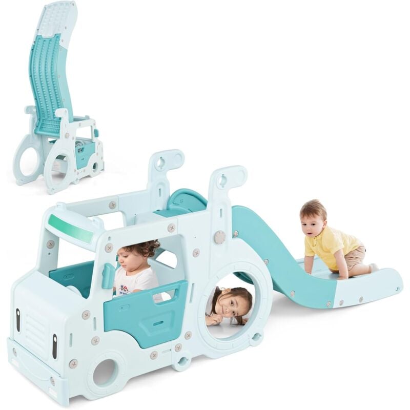 3 en 1 Toboggan Enfant Pliable en Forme Bus avec Volant Simulé & Levier de Commande, Aire de Jeux Intérieur avec Tunnel Rampant & Zone Tampon, Charge