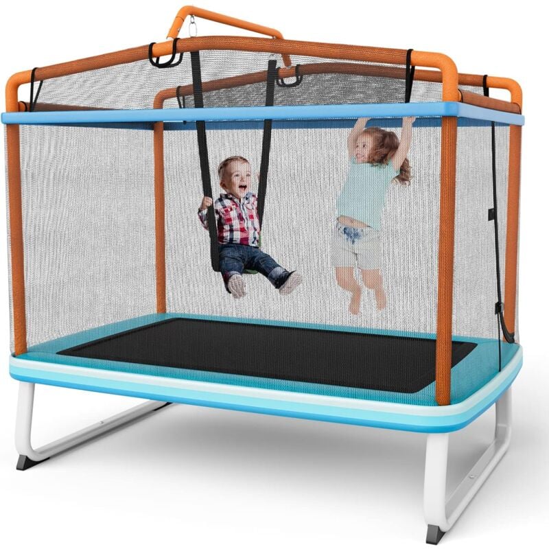 3 en 1 Trampoline Extérieur Enfants Rectangulair (190x124cm) avec Balançoire & Barre Horizontale, Trampoline de Jardin avec Filet de Sécurité, Charge