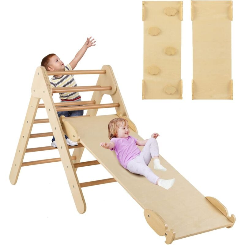 3 en 1 Triangle d'escalade Enfant avec Rampe Double Face, Echelle d'escalade en Bois Moderne avec Inclinaison Réglable, Structure de Jeu pour Maison