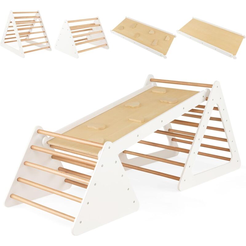 COSTWAY 3 en 1 Triangle d'escalade Enfants avec Rampe, 2 Échelle d'escalade Triangle en Bois pour Glisser et Grimper, Charge Max 60KG, Utilisation