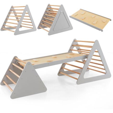 COSTWAY 3 en 1 Triangle d'escalade Montessori Enfant avec Rampe, 2 Échelle d'escalade Montessori en Bois pour Grimper, Charge Max 60KG, Utilisation Intérieur pour Enfants de 3 Ans+