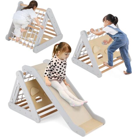 COSTWAY 3 en 1 Triángulo de Escalada para Niños, Escalador Triangular con Tablero Deslizante, Juego de Escalada de Madera para Interior con Red de Escalada