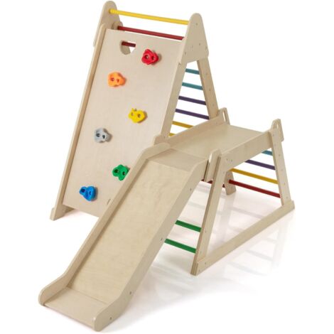 COSTWAY 3 in 1 Arrampicata per Bambini, Set Arrampicata Montessori in Legno con Scivolo, Rampa su Roccia e Scaletta, Parco Giochi Interno per Bambini 3+ Anni (Colorato)