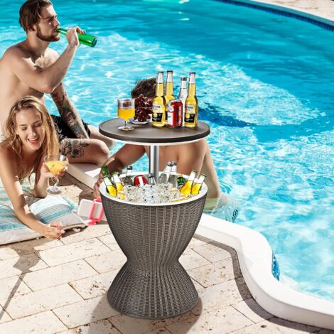 COSTWAY 3 in 1 Beistelltisch 30L Kühlbox Hocker, Gartentisch hoehenverstellbar, Cool Bar mit Haken, Griff, abnehmbar Deckel, Abflussloch, Getraenkekühler 75kg belastbar Braun