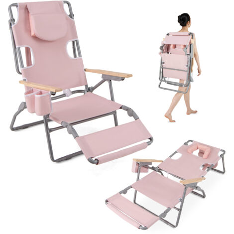 COSTWAY 3-IN-1 Foldable Beach Chair Lay-Flat Tanning Chair w/ Face Hole-Pink