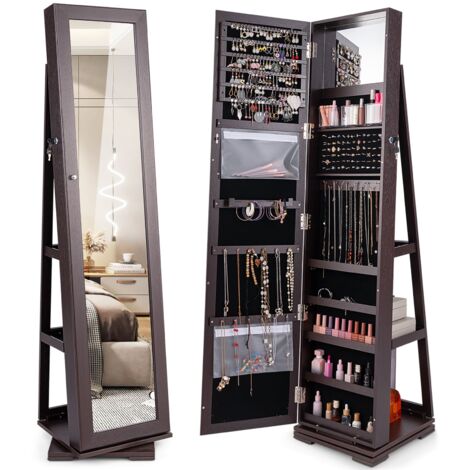 COSTWAY 3-in-1 Jewelry Cabinet 360° Swivel Mirrored Jewelry Armoire-Coffee