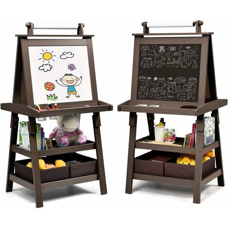 Whiteboard Folding Wooden Art Easel with Chalkboard Standing Easel with Magnetic Letters for Early Education and Storage Bins or Tray Wood, Fit for 2-14 Years Old Gimilife Deluxe Easel for Kids 