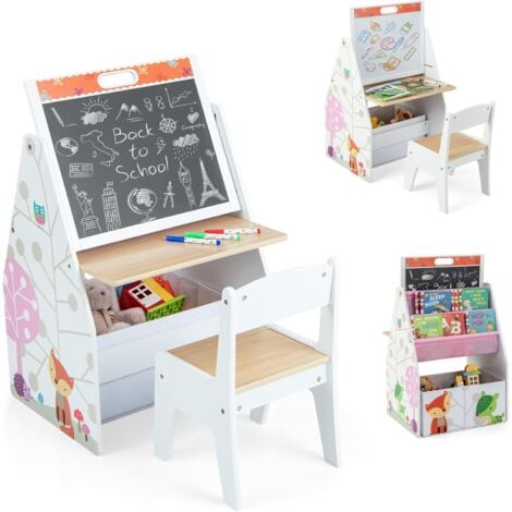 COSTWAY 3 in 1 Kindertisch & Kunststaffelei & Kreidetafel, Kindersitzgruppe mit magnetischer Tafel & Whiteboard & Stoffkorb & Bücherregal, Kinderregal mit Aufbewahrung für Jungen und Mädchen (Weiß)
