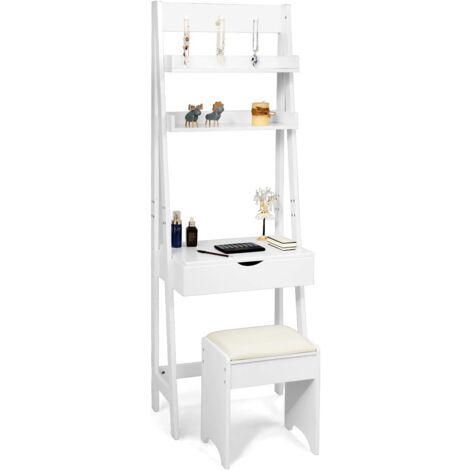 COSTWAY 3 in 1 Schminktisch & Leiterregal & Schreibtisch mit Klappspiegel und 3 Haken, Frisiertisch mit 2 Ablagen und 6 Fächern, Makeup Tisch mit Hocker, Kosmetiktisch weiß, 40 x 60 x 180 cm