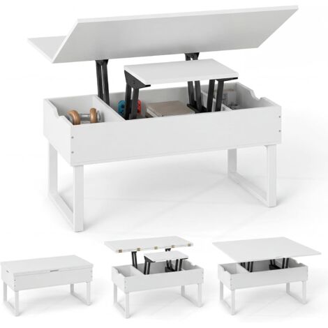 COSTWAY 3 in 1 Tavolino da Salotto Piano Sollevabile, Convertibile in Tavolo da Pranzo, 3 Vani,Bianco