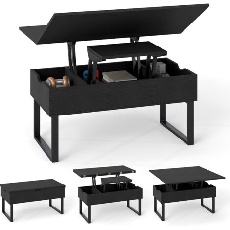 COSTWAY 3 in 1 Tavolino da Salotto Piano Sollevabile, Convertibile in Tavolo da Pranzo, 3 Vani,Nero