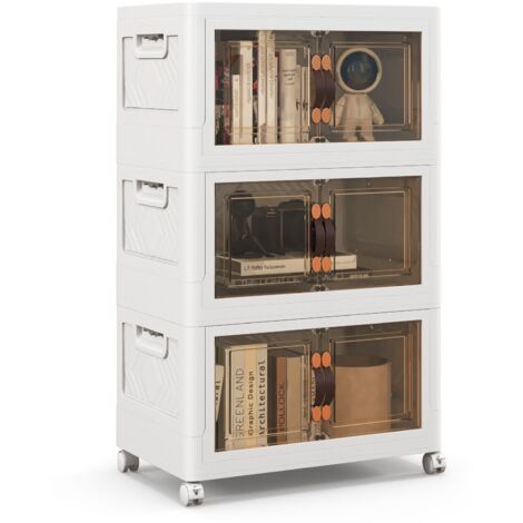 COSTWAY 3 Pack Stackable Storage Cabinet Folding Home Organizer Lockable Wheels 59 Gal
