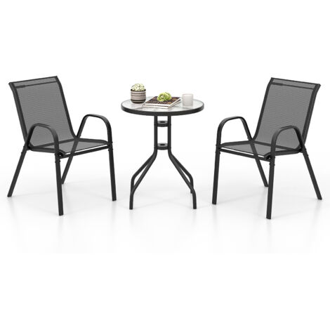 COSTWAY 3 Pcs Outdoor Bistro Set Patio Round Dining Side Table w/2 Chairs-Grey