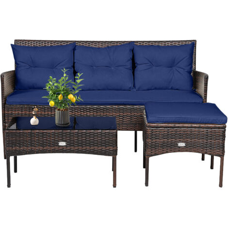 COSTWAY 3 PCS Patio Conversation Set, Outdoor PE Rattan Furniture Set Navy