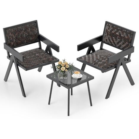 COSTWAY 3 Pcs Patio PE Wicker Bistro Set Patio Table and Chairs Set-Mix Brown