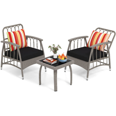 COSTWAY 3 PCS Rattan Bistro Set Patio PE Wicker Furniture Set w/Cushions-Grey