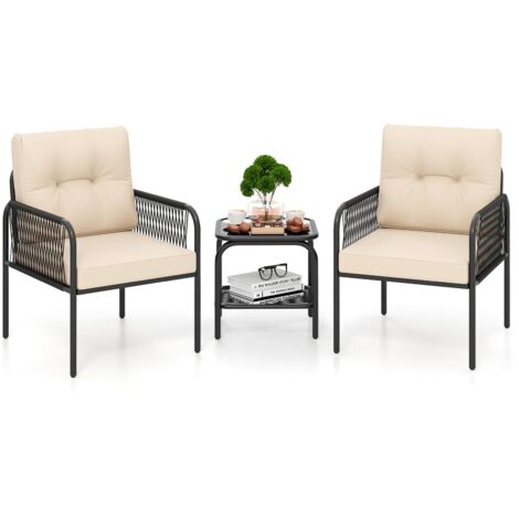 COSTWAY 3 Pezzi Set di Mobili da Esterno in Rattan PE, con Tavolino in Vetro Temperato, Cuscini per Schienale e Seduta, Set da Conversazione per Giardino, Veranda, Cortile e Piscina, Beige e Nero