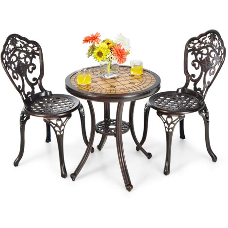 COSTWAY 3-Piece Patio Bistro Set Cast Aluminum Table and Chairs-Red Copper