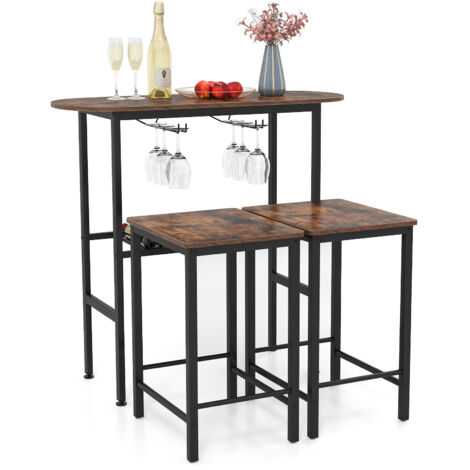 COSTWAY 3 Pieces Breakfast Bar Set Bar Table Set with 2 Stools-Brown
