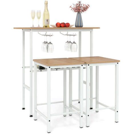 COSTWAY 3 Pieces Breakfast Bar Set Bar Table Set with 2 Stools-Natural