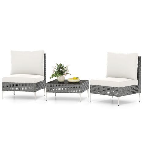 COSTWAY 3 Pieces Patio Bistro Set PE Rattan Furniture Set w/Coffee Table-White