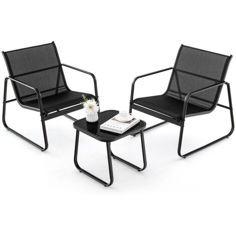 COSTWAY 3 Pieces Patio Conversation Set Outdoor Metal Chair & Table Set  Glass Tabletop