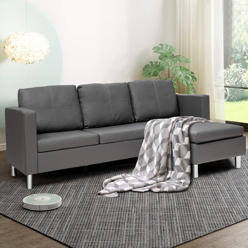 Costway - 3 Sitzer Sofa mit Ottomanen, Ecksofa Kunstleder, Couchgarnitur, Sofagarnitur perfekt fuer Zuhause und Buero, grau