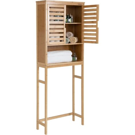 COSTWAY 3-stöckiger Toilettenschrank mit verstellbarer & herausnehmbarer Innenablage, Badregal, aus Bambusholz