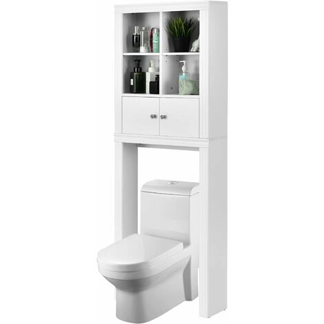 COSTWAY 3-stoeckiges Toilettenschrank Anti-Kipp Badschrank mit 4 offenen Faechern & 2-türigem Schrank & verstellbaren Regalen platzsparend über der Toilette , Hochregal für Badezimmer aus Holz, weiss